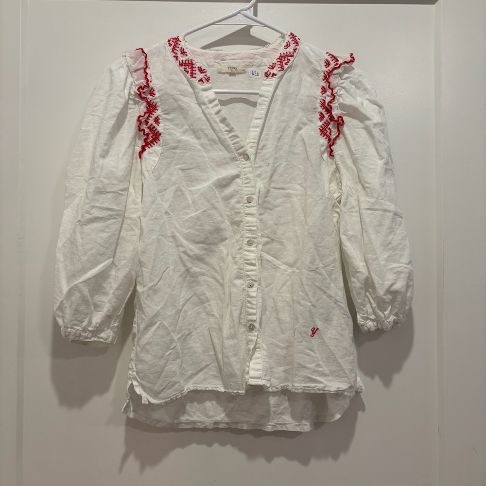 Yerse White Red Embroidered Cotton Linen Puff Sleeve Blouse XS Boho Button Down
